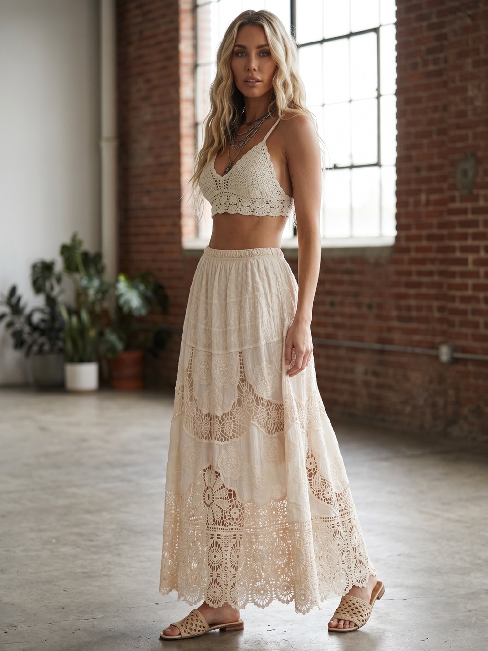 NWT Bluivy Crochet Lace Boho Festival Maxi Long Skirt Ivory - Picture 3 of 12